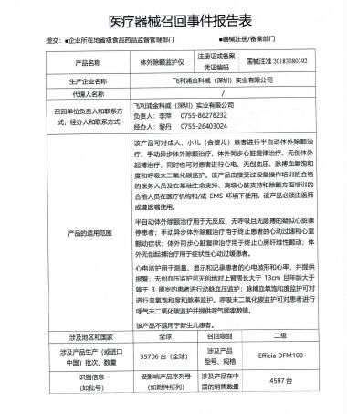 飞利浦金科威（深圳）实业有限公司对体外除颤监护仪主动召回