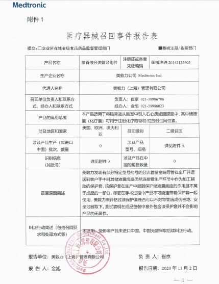 美敦力公司Medtronic Inc.对脑脊液分流管及附件主动召回