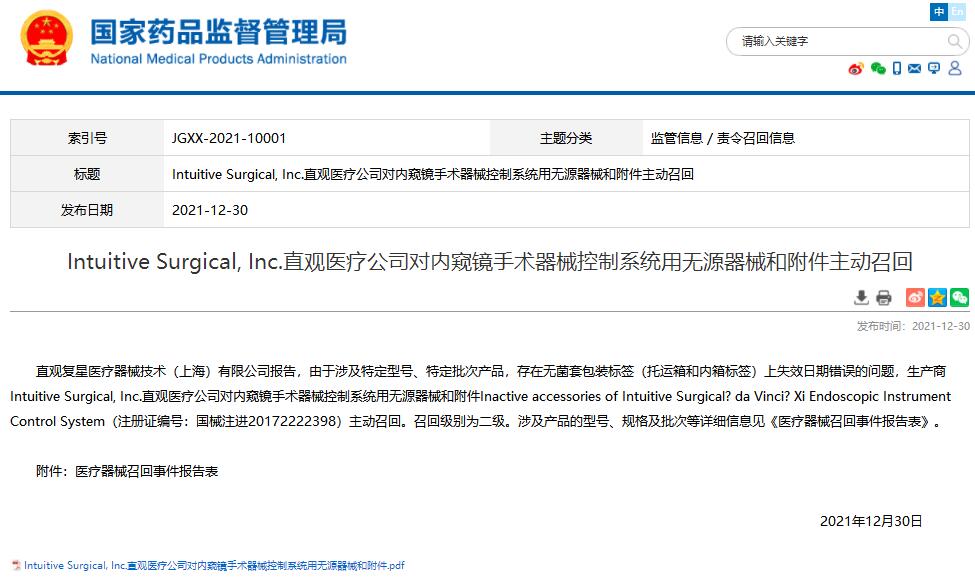 直观医疗公司对内窥镜手术器械控制系统用无源器械和附件主动召回