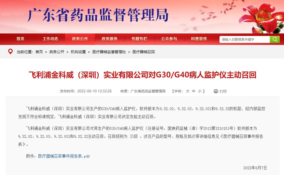 广东药监局发布飞利浦金科威（深圳）实业有限公司对G30/G40病人监护仪主动召回信息